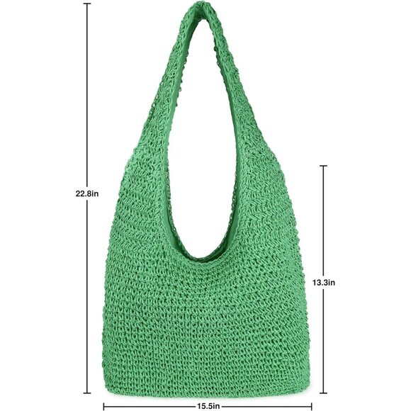 Women's Green Large Straw Beach Bag Handmade Woven Shoulder Hobo Tote Handbag - Picture 4 of 5